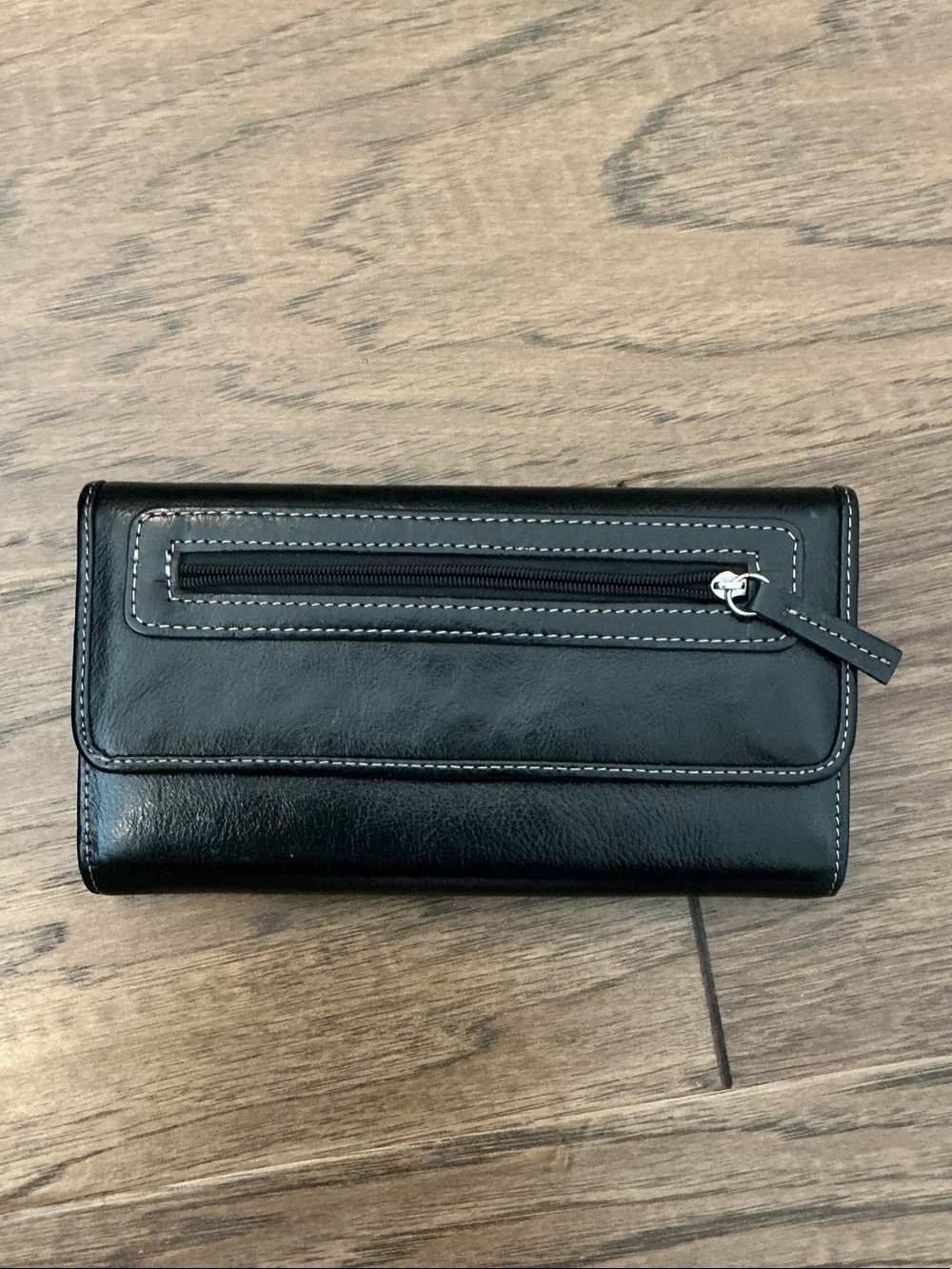 Genuine Leather Black Trifold Wallet with Front Zip Pocket